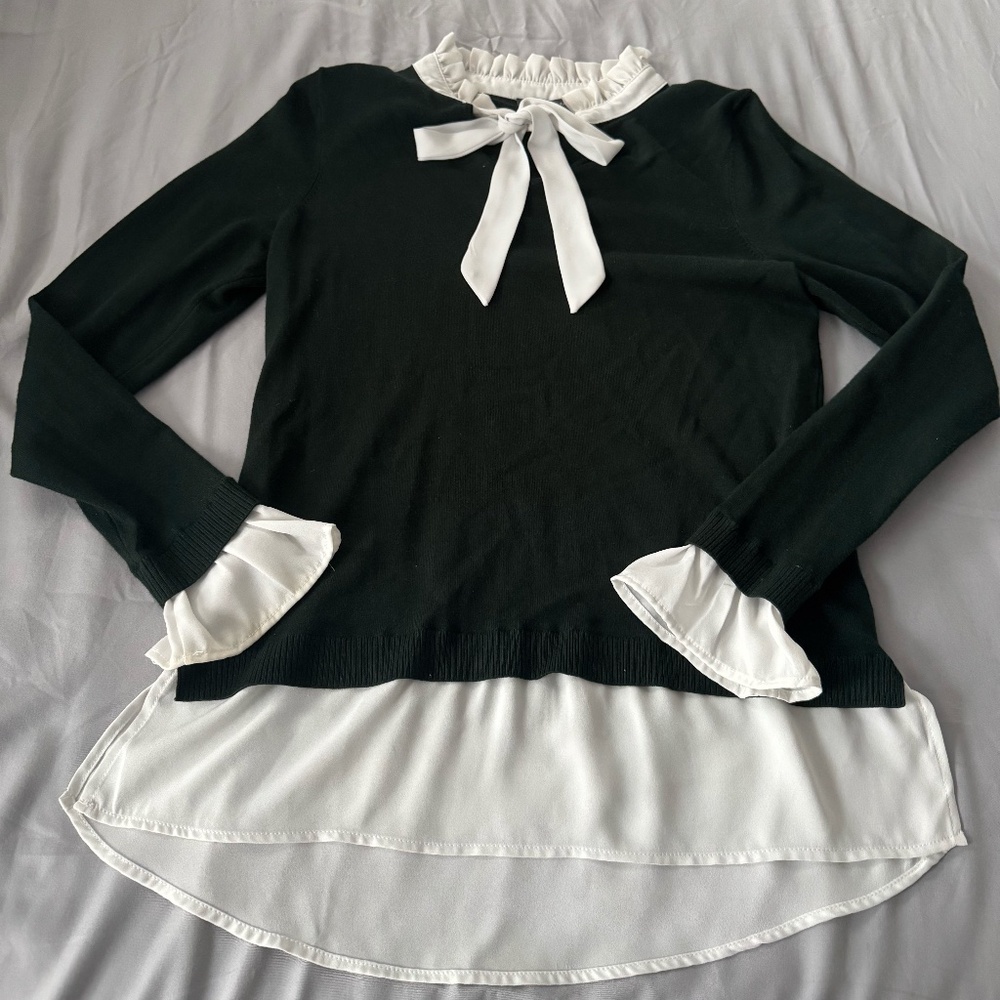 Dark green sweater with ivory attached blouse